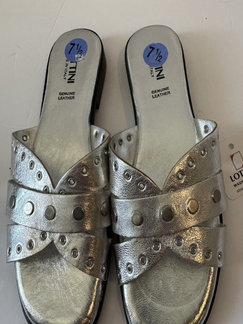 LOTTINI Italy Silver Leather Studded Grommet Crisscross Slide Sandals 7.5